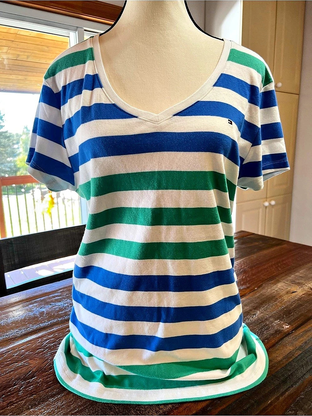 Tommy Hilfiger Striped V-Neck T-Shirt Blue & Green XL